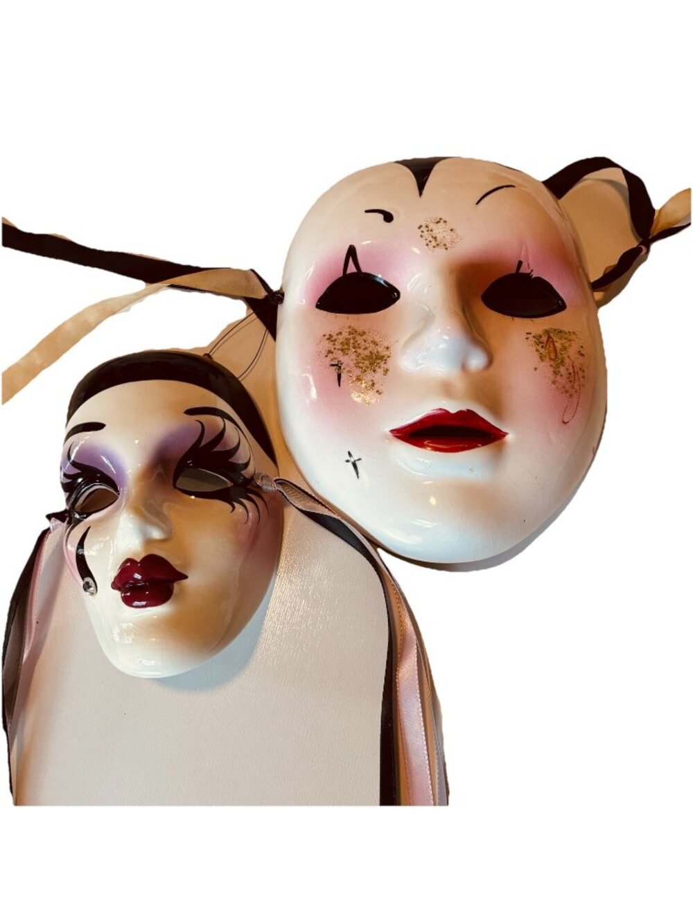 Lot of 2 Vintage Karen Thomas Stall Signed New Orleans Ceramic Wall Masks (1996)